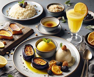 Un Sorbete de limón, un plato de Berenjenas rellenas, un plato de Risotto y un plato con Torrijas